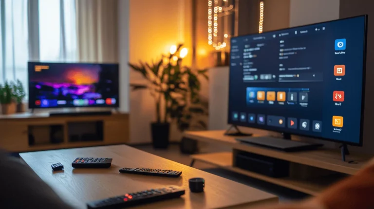 IPTV Smarters app running on Samsung and LG Smart TVs in a home living room setup