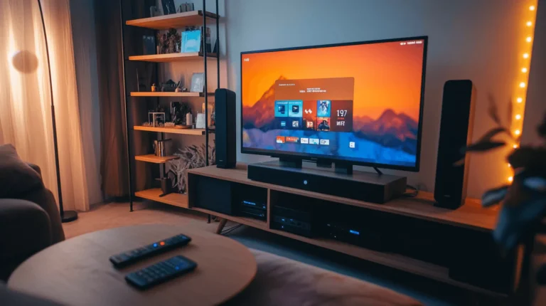 TiviMate app interface on Android TV and Firestick in a cozy living room setup with ambient lighting and a remote control on the couch