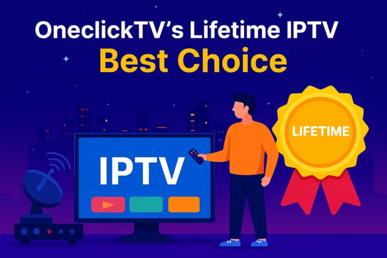 Illustration of a man using a remote to access IPTV on a smart TV with a "Lifetime" badge, promoting OneclickTV’s Lifetime IPTV as the best choice.